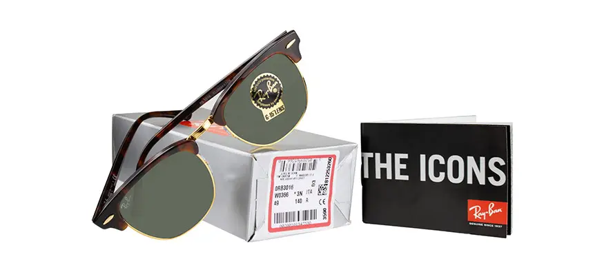 Ray Ban sunglasses showing serial and manufacturing numbers with pacakaging