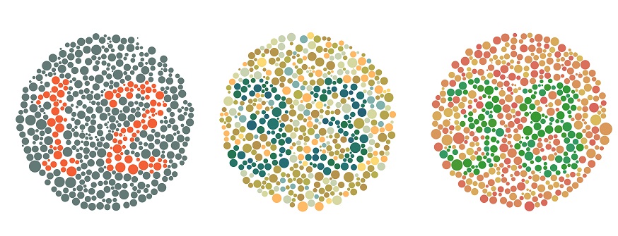 three circles containing coloured numbers designed to test for colour blindness