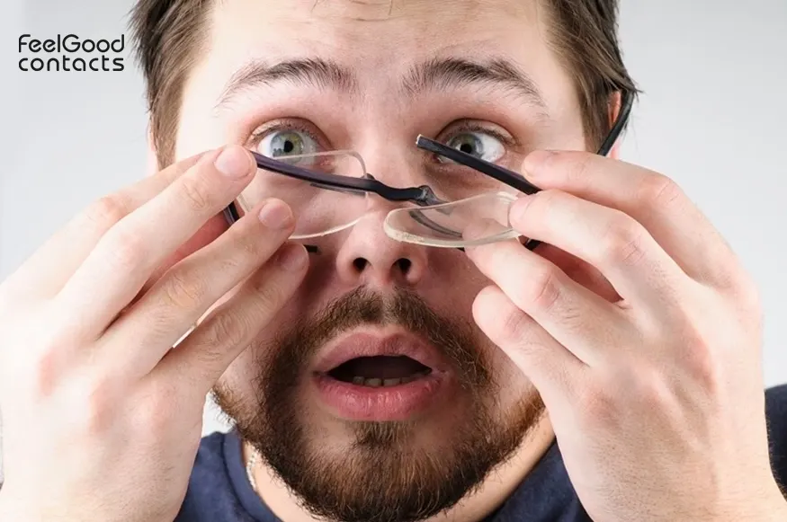 Man with a pair of broken glasses