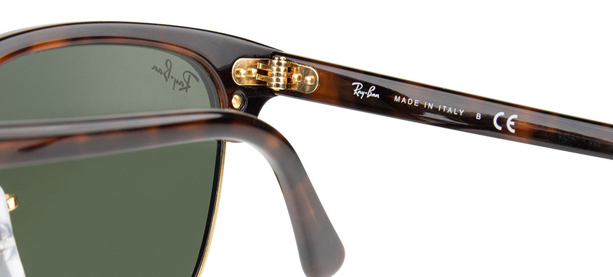 right arm of Ray Ban sunglasses showing CE mark
