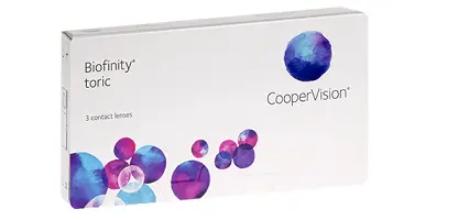 A box of Biofinity Toric contact lenses