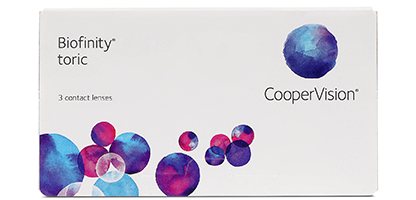 A box of Biofinity Toric contact lenses