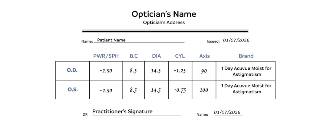 Astigmatism contact lens prescription