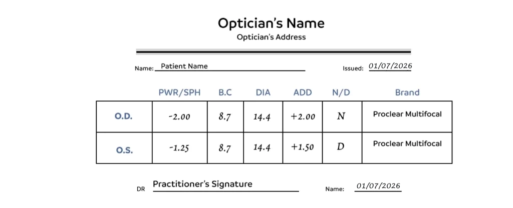 Presbyopia contact lens prescription