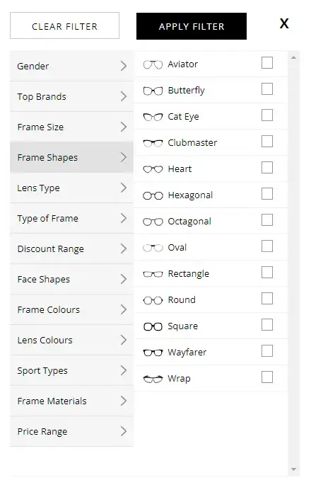Sunglasses frame shape filter menu